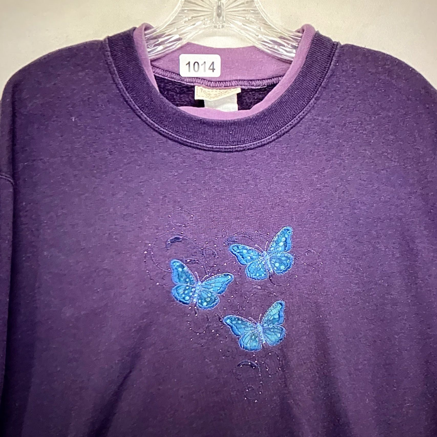 Vintage VINTAGE Morning Sun Nature Sweatshirt Purple Blue Butterflies 90s Goth Graphic Fleece XL Womens Pullover Crew Neck Sequin Embellished Size XL / US 12-14 / IT 48-50 - 4 Thumbnail