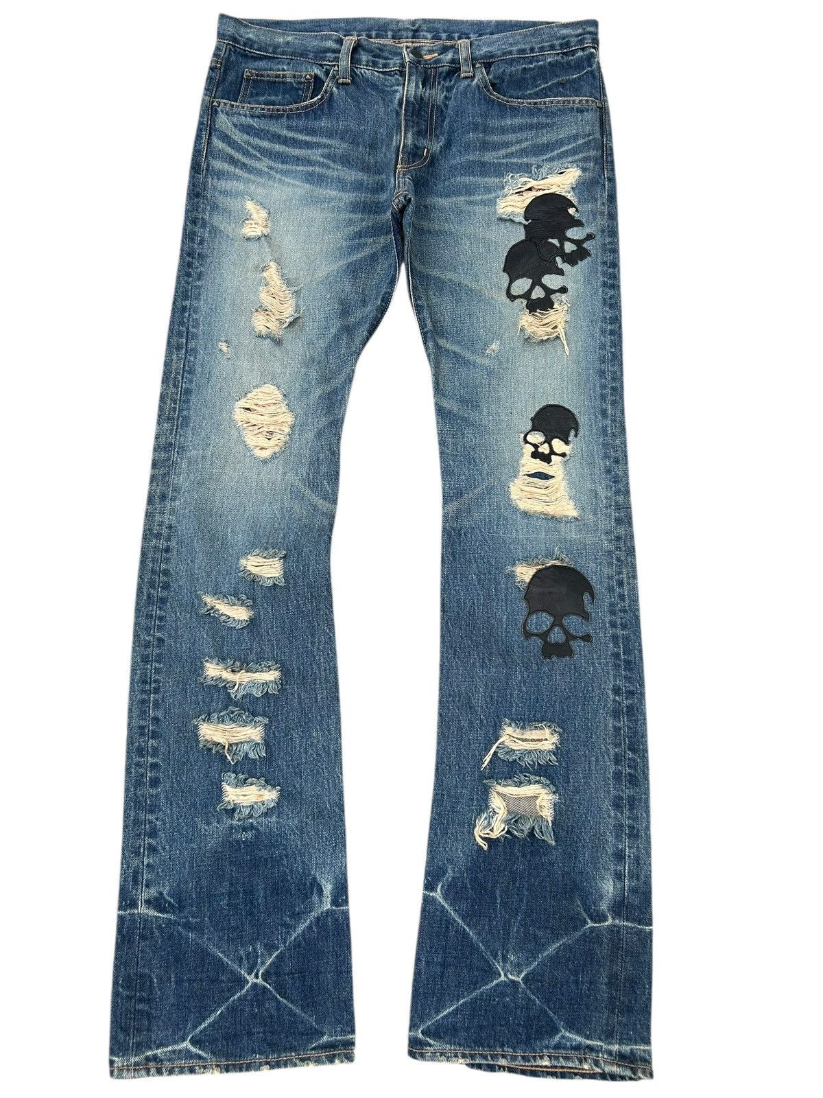 Kapital Flare Skull Stud Muffin Japanese Punk Distressed Denim Jeans Size US 35 - 6 Thumbnail