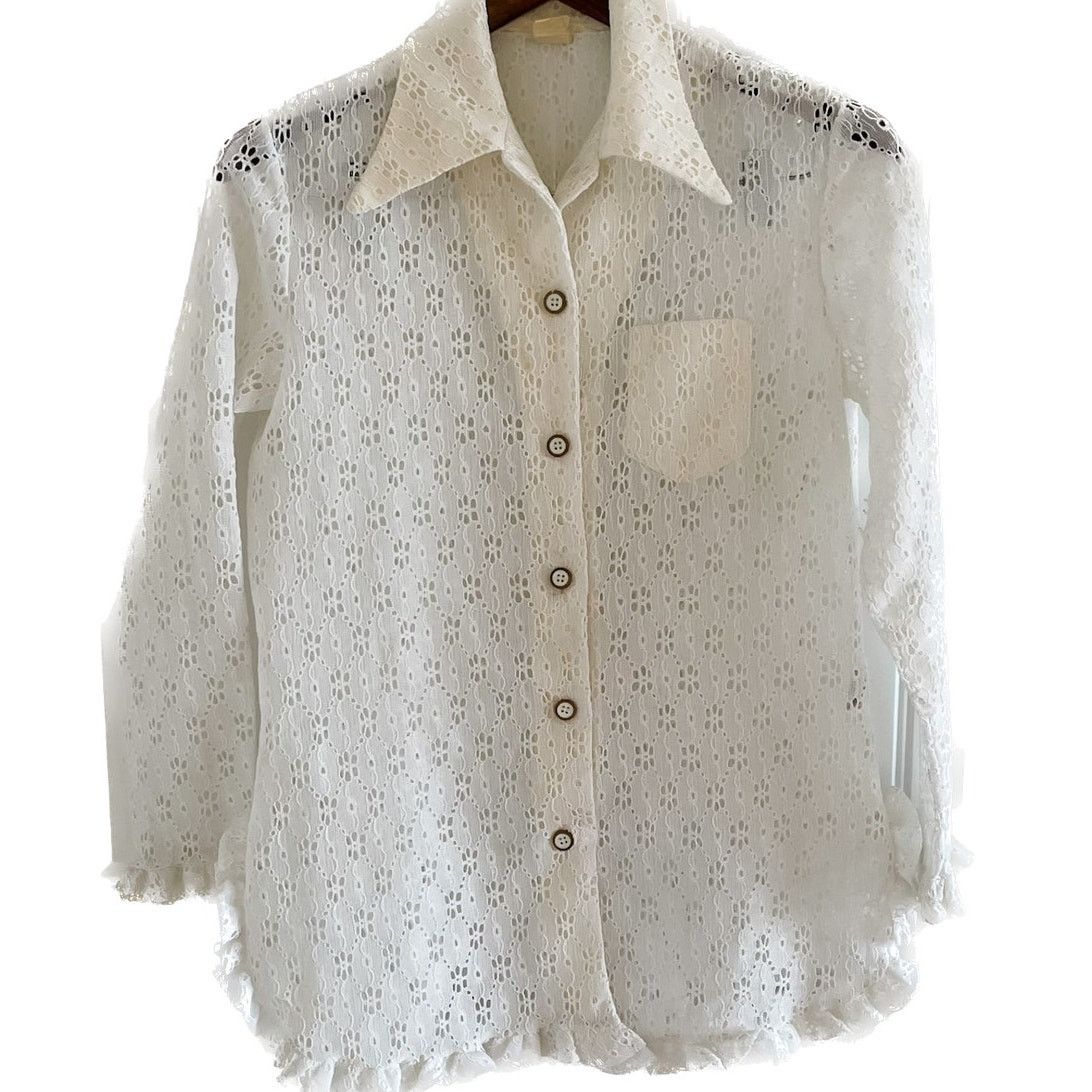 Vintage Vintage 70s Daisy lace ruffle hem wide collar blouse M Size M / US 6-8 / IT 42-44 - 11 Thumbnail