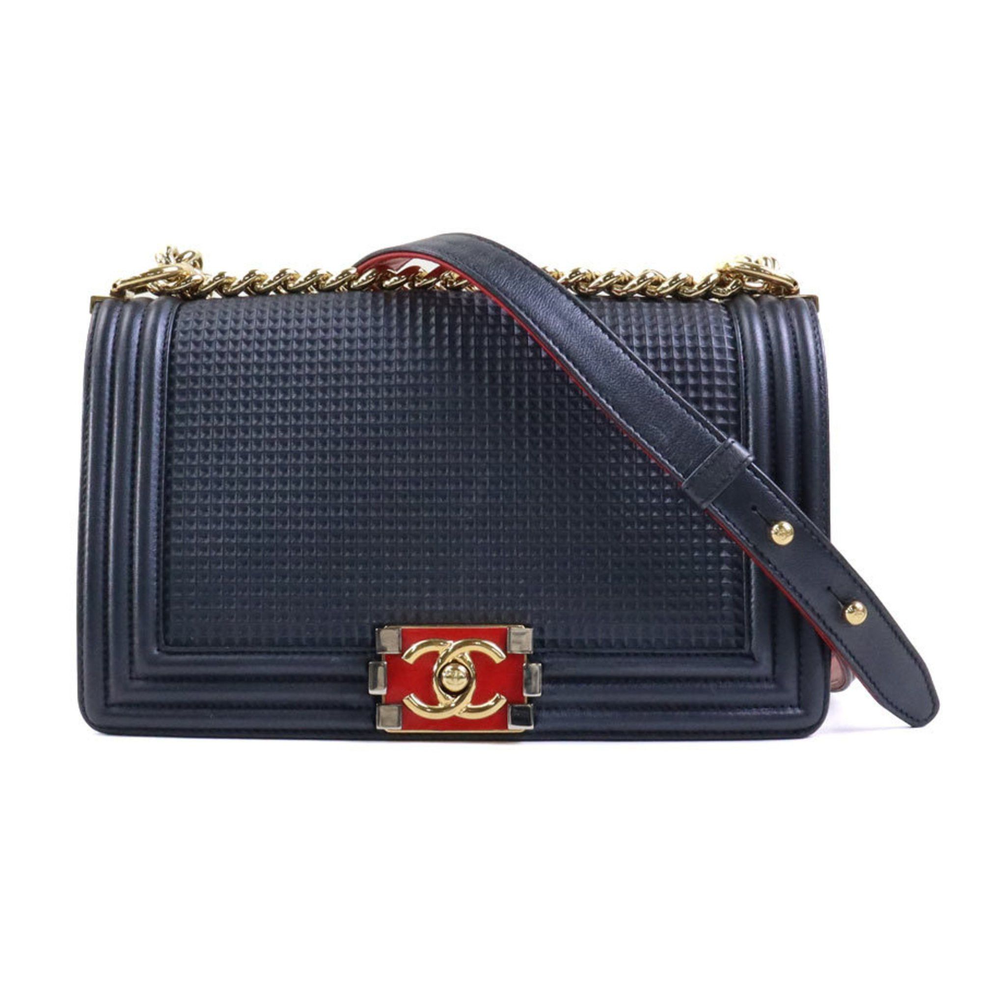 image of Chanel Shoulder Bag Boy Chanel Leather Metallic Navy Ladies A92095, Women's