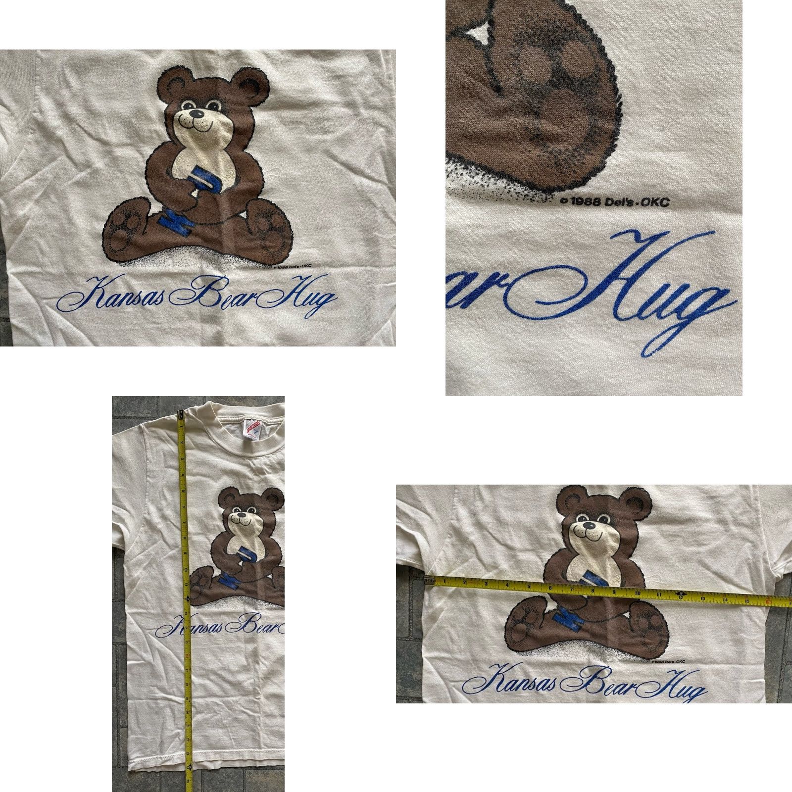 Jerzees VINTAGE Jerzees Shirt S 34-36 Single Stitch Made In USA Kansas Bear Hug KU 80s USA College University Mens White T-Shirt Short Sleeve Size US S / EU 44-46 / 1 - 8 Thumbnail