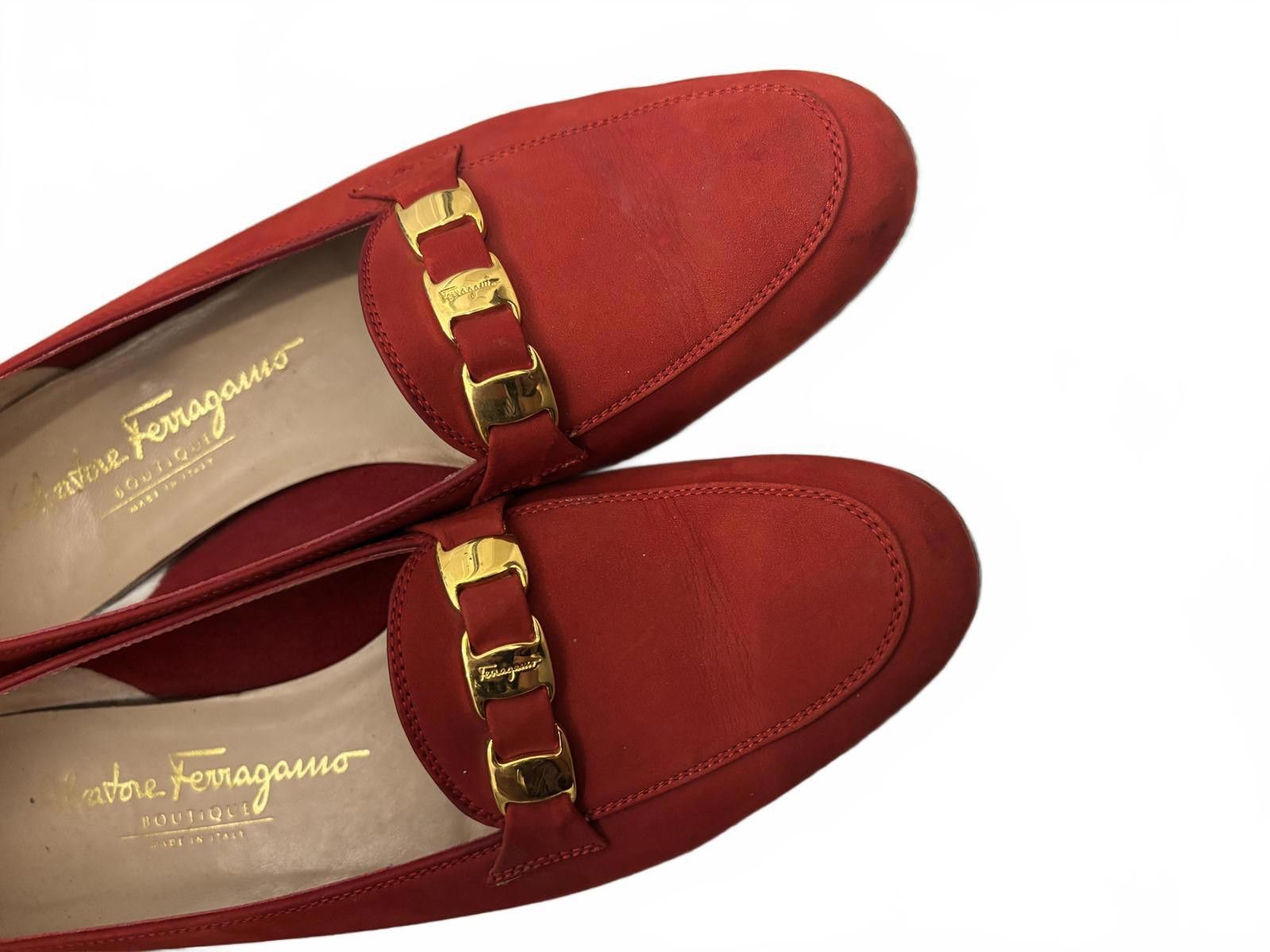 Salvatore Ferragamo Salvatore Ferragamo Nubuck Red Suede Loafers Gold Buckle Size US 7.5 / IT 37.5 - 3 Thumbnail