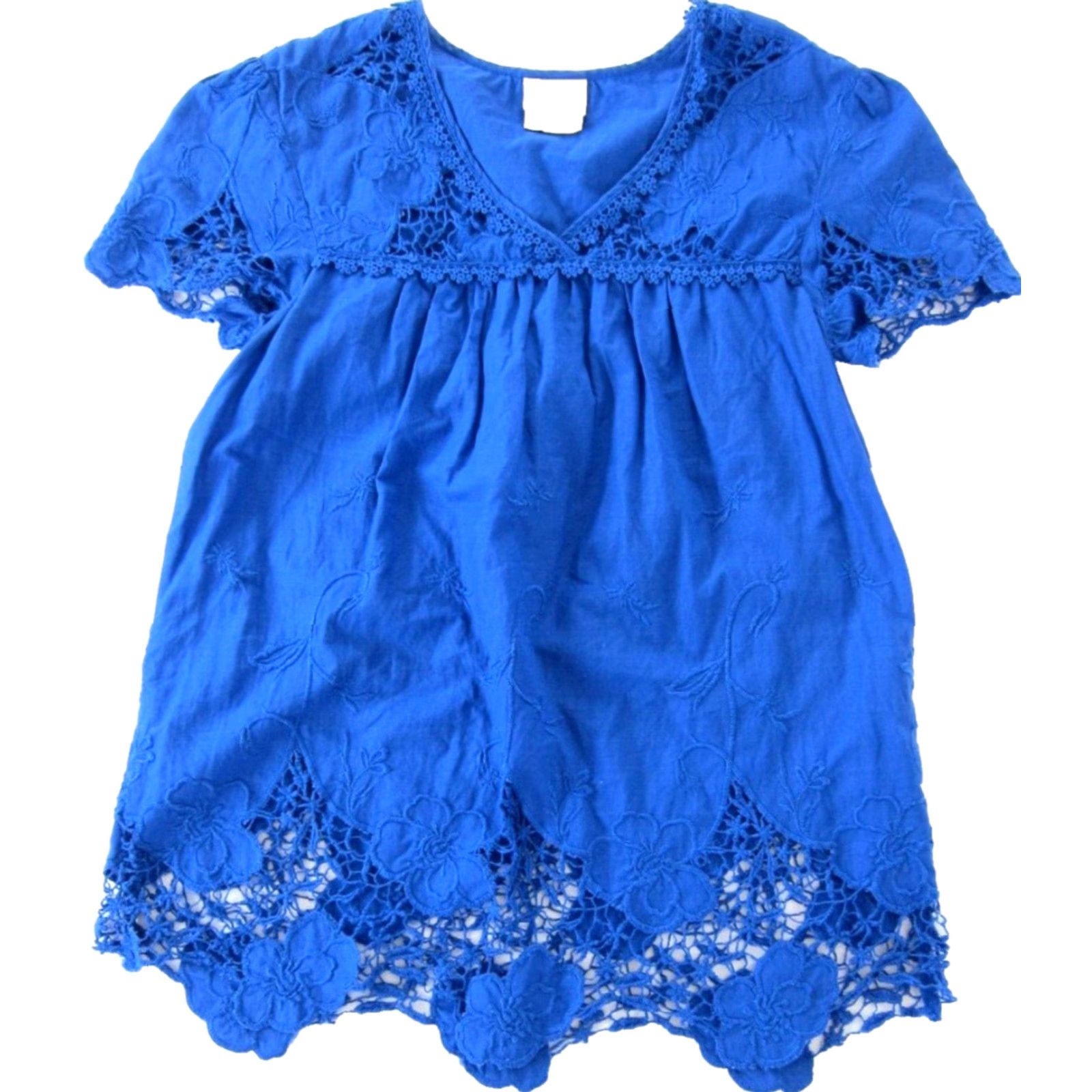 Anthropologie Vanessa Virginia Anthropologie Cotton Blue Embroidered V-Neck Peasant Blouse 2 Size XS / US 0-2 / IT 36-38 - 2 Thumbnail