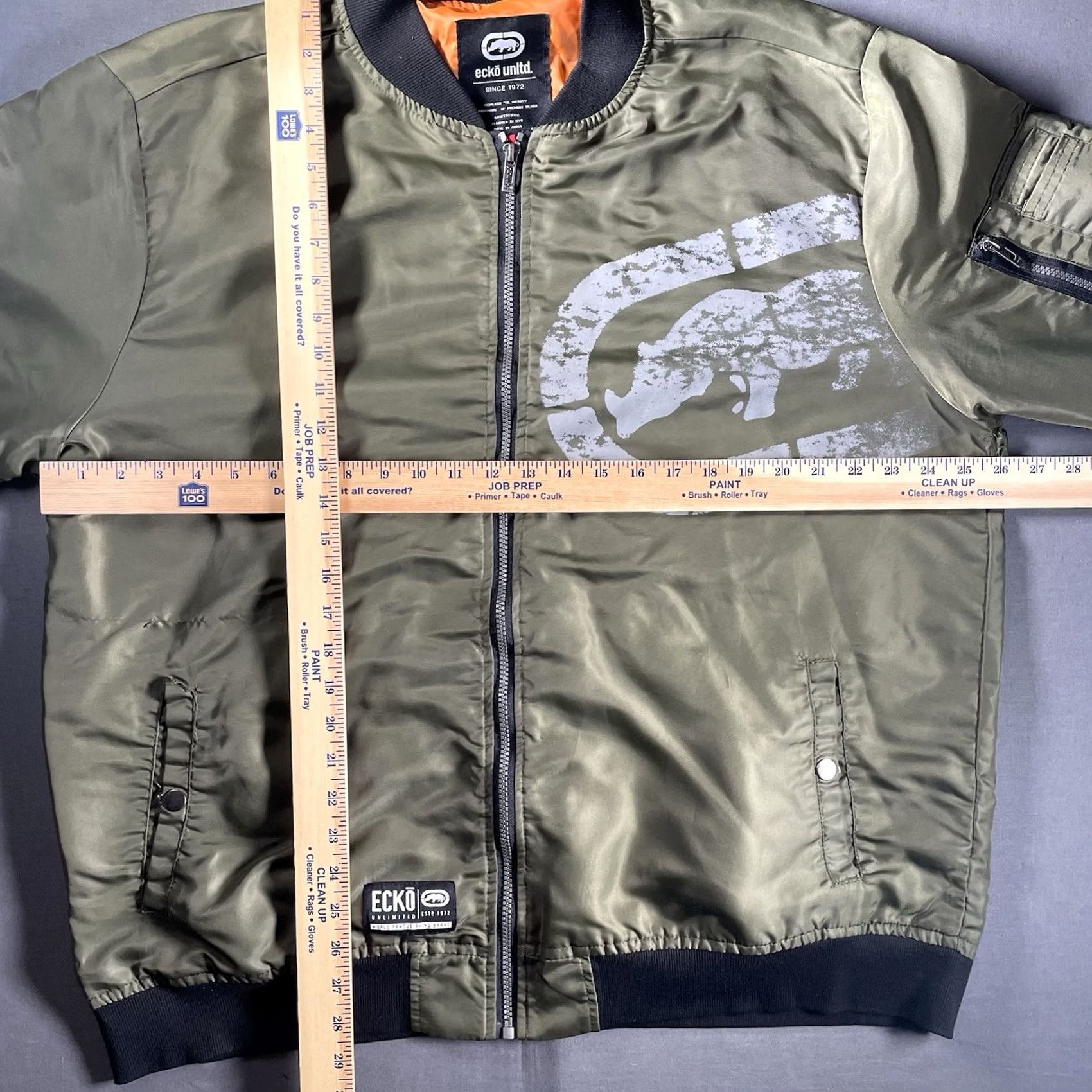 Ecko Unltd. Marc Ecko Unltd Bomber Jacket Mens 2XL Green Chenille Rhino Logo Orange Lining Size US XXL / EU 58 / 5 - 3 Thumbnail