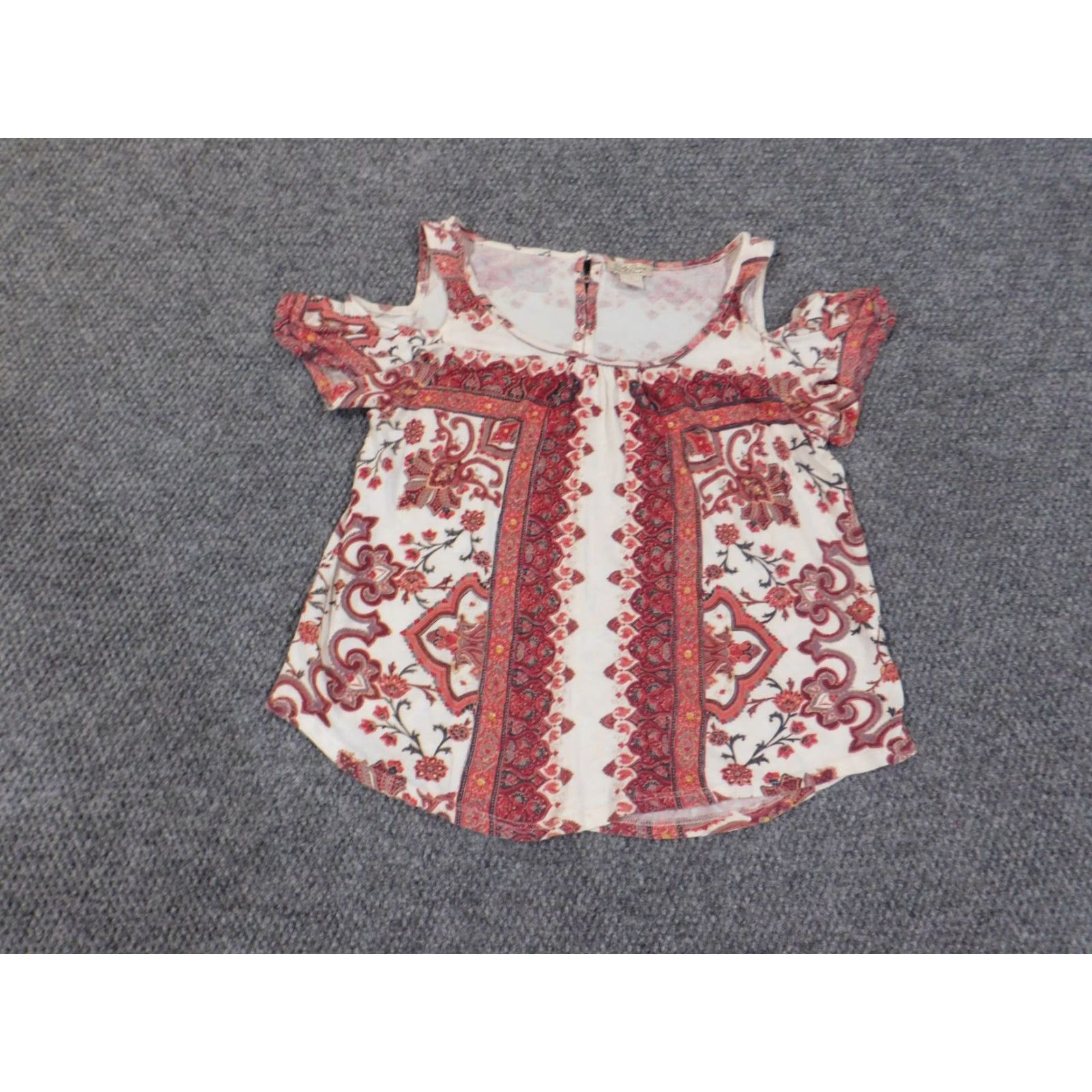 Lucky Brand Lucky Brand Blouse Womens XS Red Floral Geometric Knit Cotton Viscose Nylon Strap Round Neck Long Sleeve Casual Modern Classic Size XS / US 0-2 / IT 36-38 - 2 Thumbnail