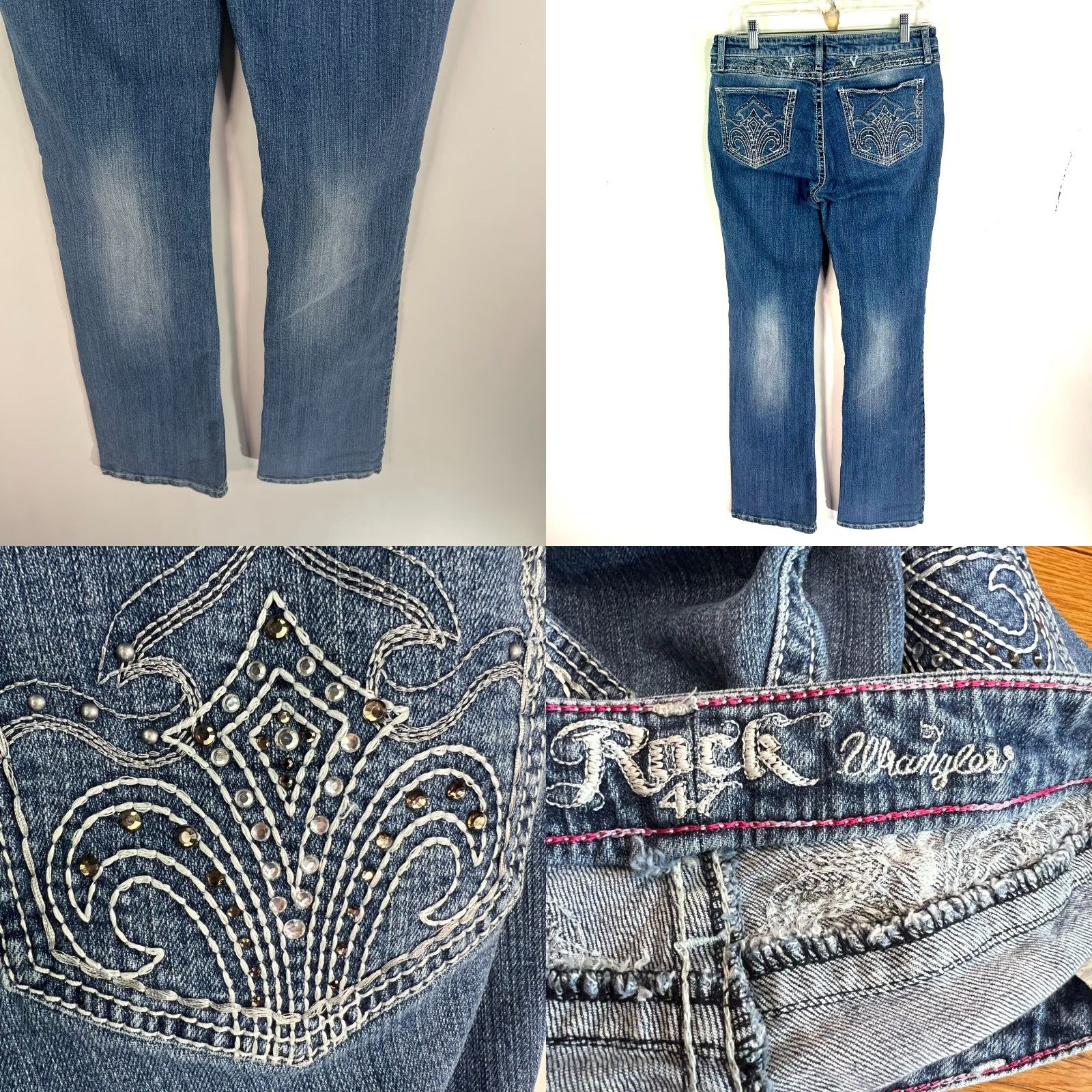 Wrangler Wrangler Rock 47 Low Rise Bedazzled Jeans Womens Size 32x34 Blue Denim Embroidered Rhinestone Stretch Regular Fit Size 24" / US 00 / IT 34 - 8 Thumbnail