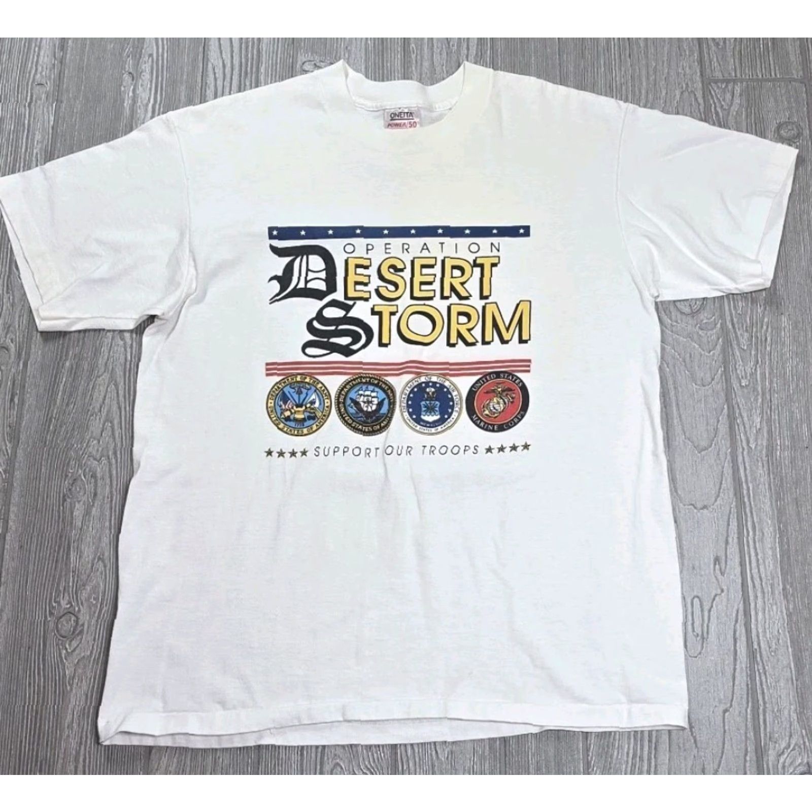 Vintage VINTAGE Oneita T Shirt Adult XL Support Our Troops Desert Storm 1991 USA Made White Cotton Navy Army Marines Mens XL Shirt Size US XL / EU 56 / 4 - 2 Thumbnail