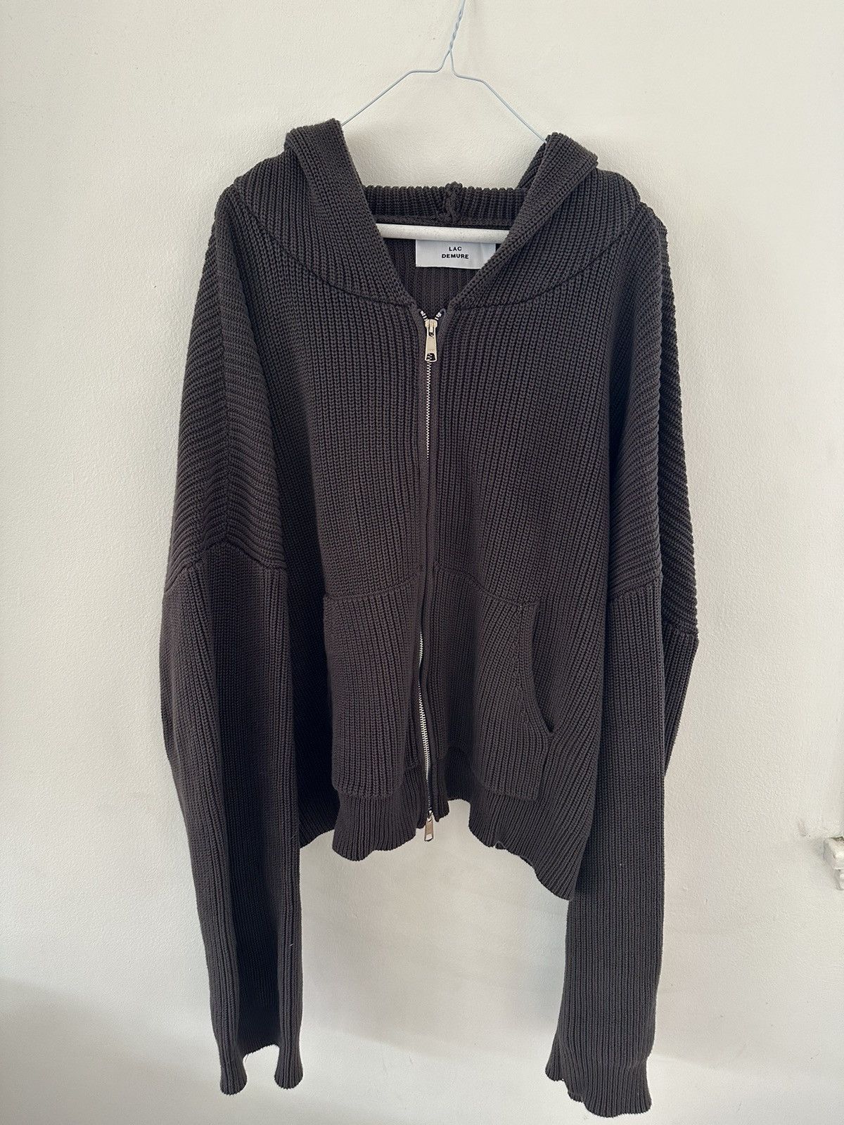image of Lac Demure “Graphite" Cropped Knitted Fisherman Zip Hoodie in Grey, Men's (Size XL)