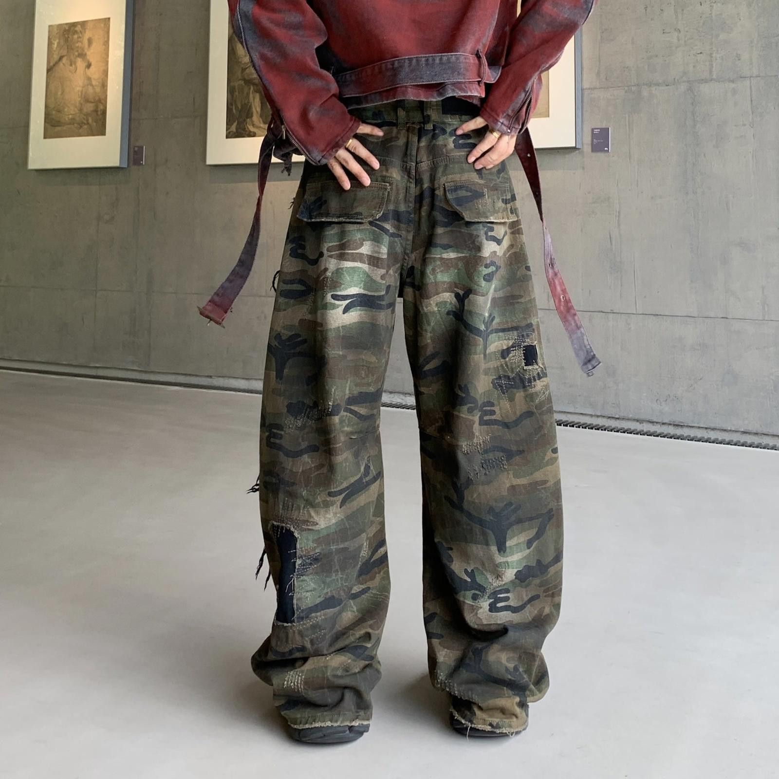 Japanese Brand Camo Distressed Baggy Cargo Pants, Wide Leg Trousers Size US 30 / EU 46 - 5 Thumbnail
