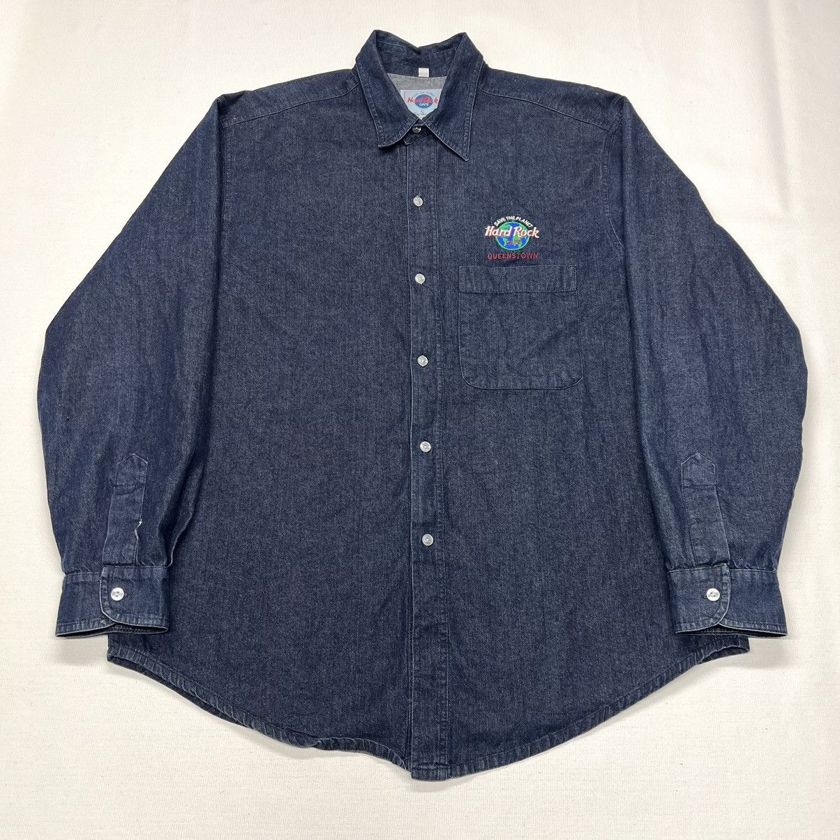 Hard Rock Cafe × Vintage VTG Hard Rock Cafe Denim Shirt Blue Button Queensland Y2K Size US L / EU 52-54 / 3 - 1 Thumbnail