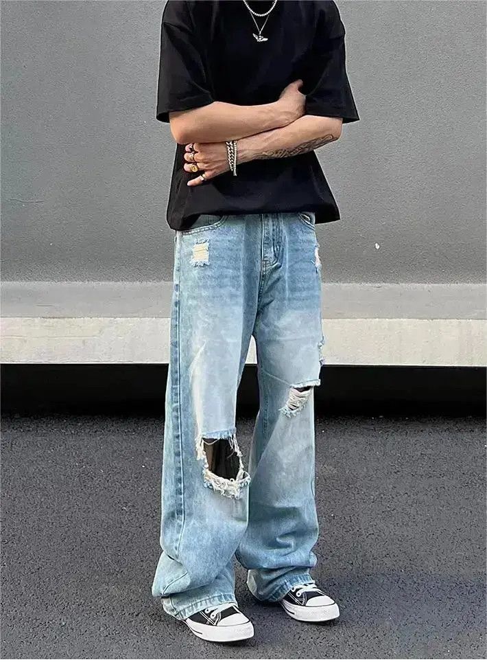 Japanese Brand Loose wide leg distressed jeans Size US 30 / EU 46 - 1 Thumbnail