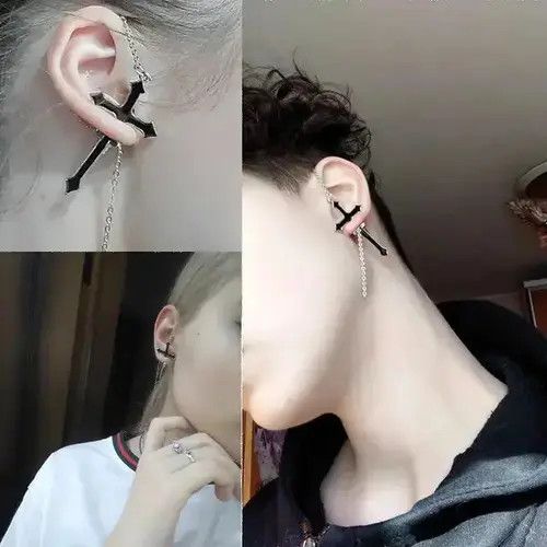 Japanese Brand Vintage Black Cross Earrings Long Chain Harajuku Unisex Size ONE SIZE - 3 Thumbnail