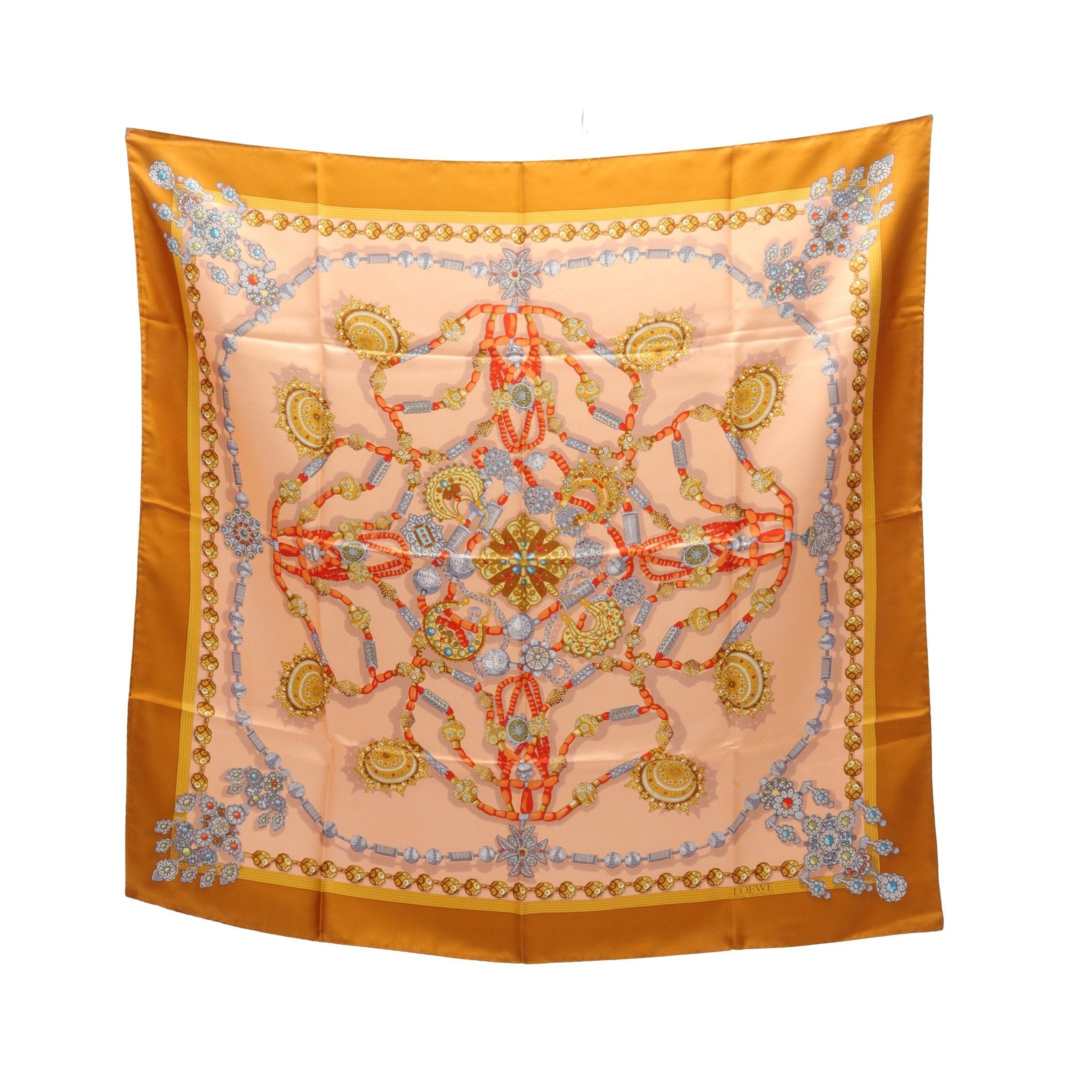 Loewe Scarf Silk Yellow Brown Coral Orange Multicolor