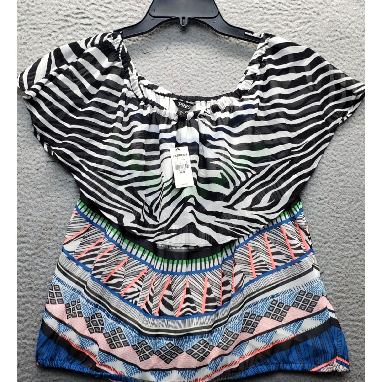 Express Express Blouse Womens M Geometric Sheer Cap Sleeve Stretch Hem Top Size M / US 6-8 / IT 42-44 - 2 Thumbnail