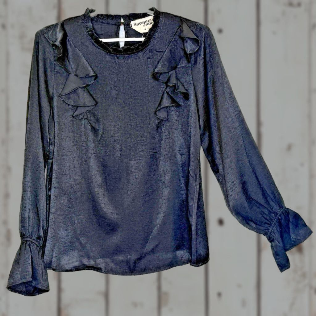 Vintage Savanna Jane Top Women’s Size Medium Black Long Sleeve Round Neck w/ Ruffle Detail Boho Peep Hole Button Back Size M / US 6-8 / IT 42-44 - 1 Thumbnail