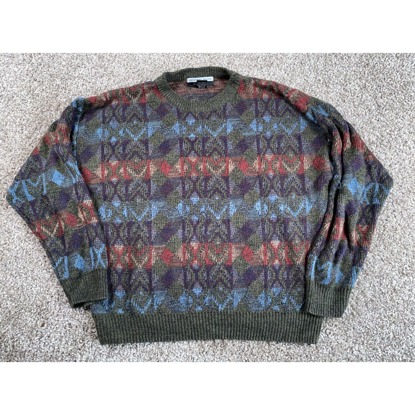 Geoffrey Beene VINTAGE Geoffrey Beene Sweater Geometric Lightweight Knit Adult M Green Long Sleeve Crew Neck Pullover 90s Dad Style Mens Size US M / EU 48-50 / 2 - 2 Thumbnail