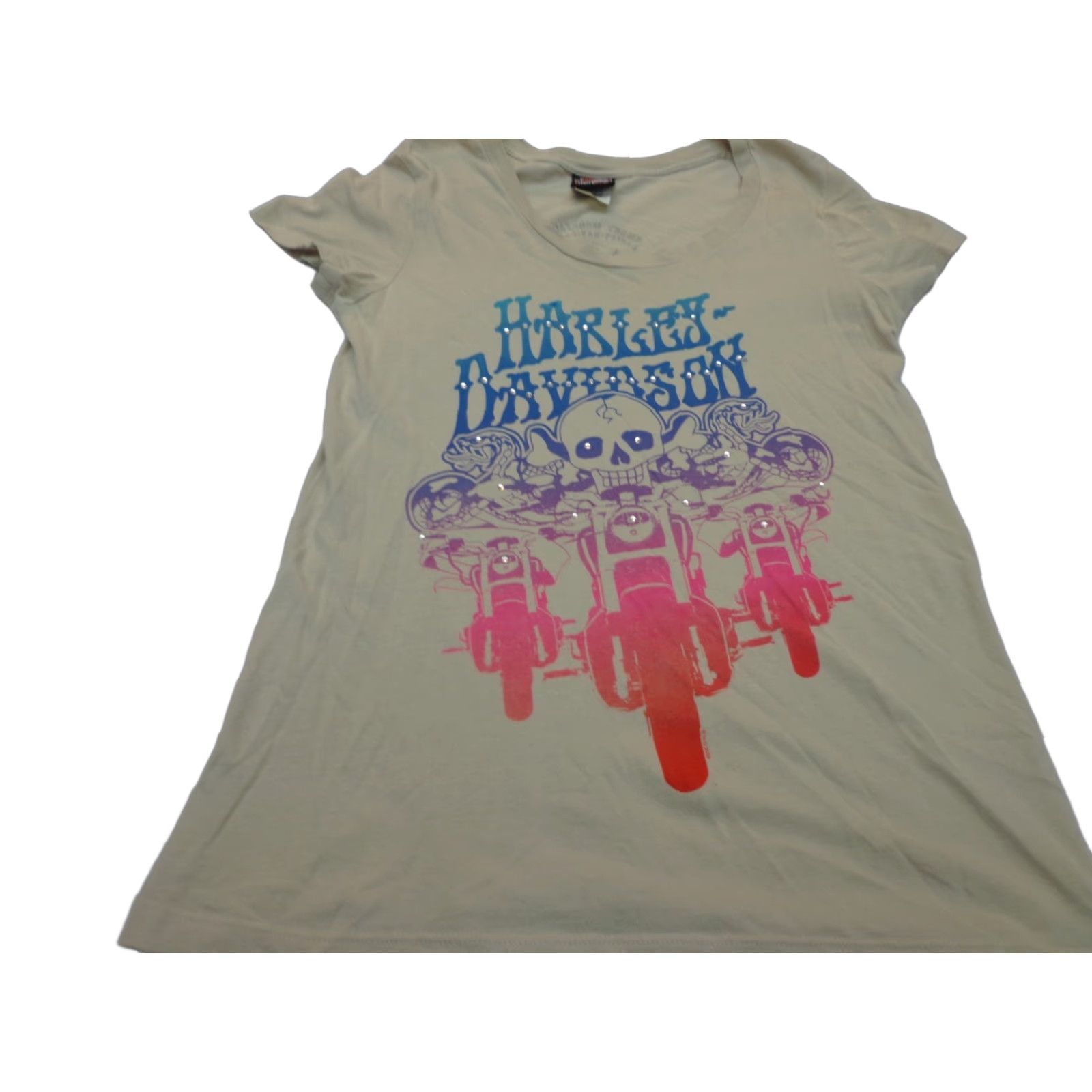 Harley Davidson Harley-Davidson T Shirt Womens L Beige Short Sleeve Scoop Neck Casual Knit Basic Motorcycle - 90s? (no) Size L / US 10 / IT 46 - 1 Thumbnail