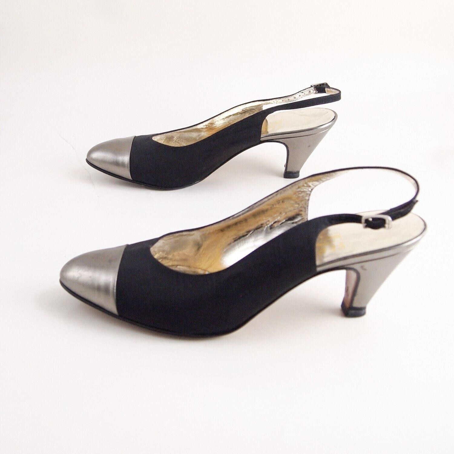 Salvatore Ferragamo Ferragamo Slingback Sandals Black Canvas Silver Cap Tee US 8 Size US 8 / IT 38 - 3 Thumbnail
