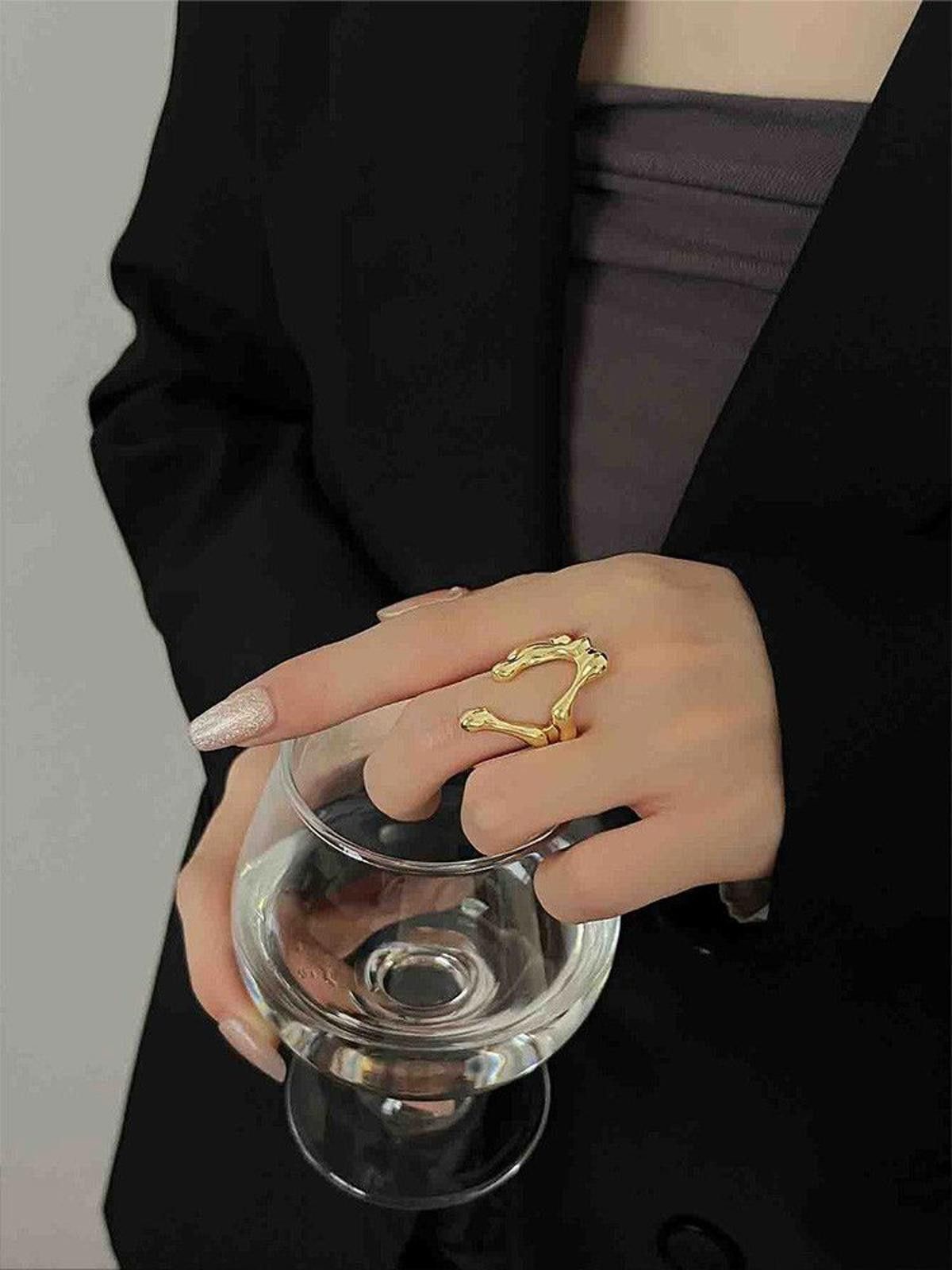 Jewelry Liquid Metal Chunky Hollow Open Adjustable Set Of Rings Size ONE SIZE - 2 Thumbnail