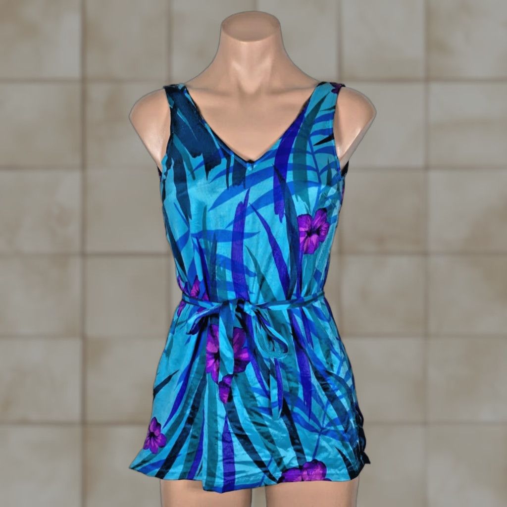 VINTAGE Maxine of Hollywood One Piece Swimdress Navy Purple Floral Swimsuit Sz 10 Women