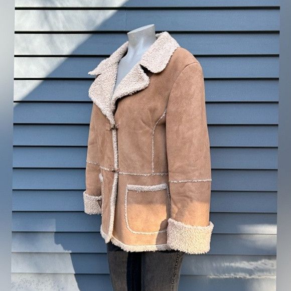Jones New York Vintage 90s Tan Faux Suede Sherpa Penny Lane Toggle Coat Size L / US 10 / IT 46 - 3 Thumbnail