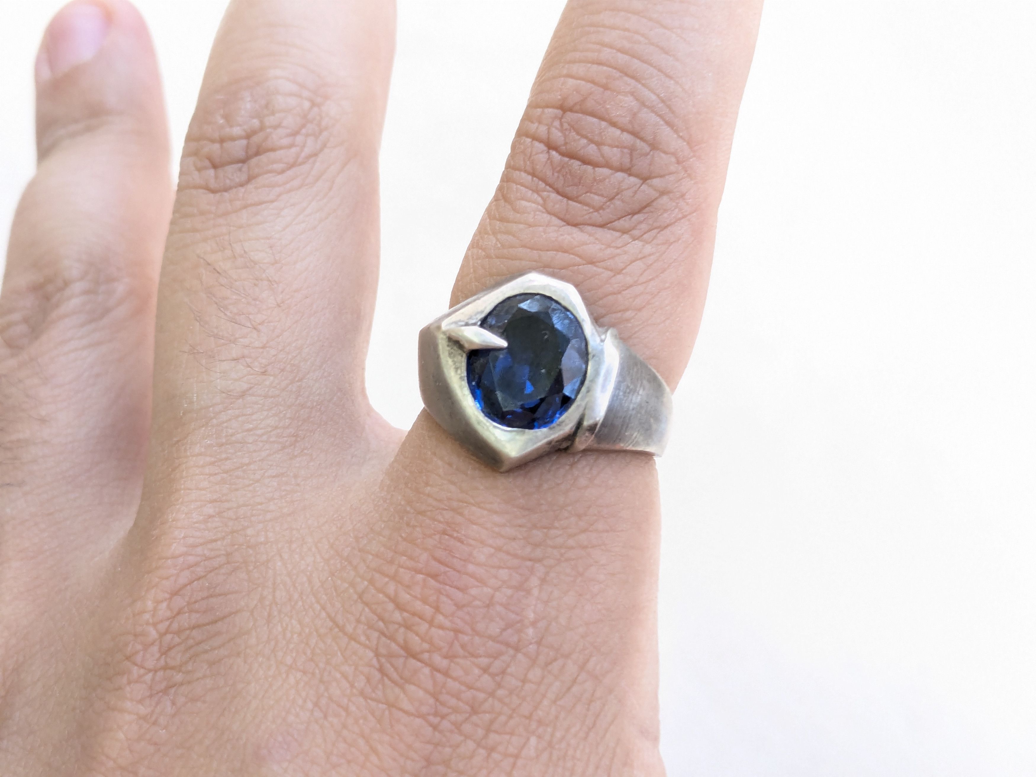 Jewelry Vintage Sterling Silver Ring Blue Glass 10.5 Oval Faceted Size ONE SIZE - 11 Thumbnail