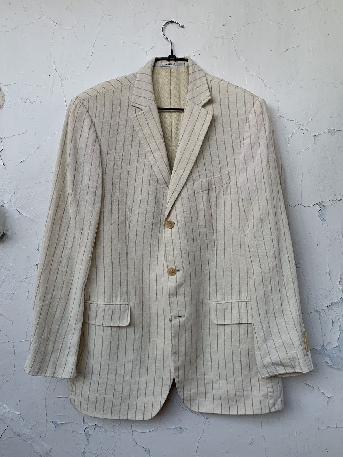 Karl Lagerfeld 🧿linen pinstriped vintage summer blazer beige Size 50R - 1 Thumbnail