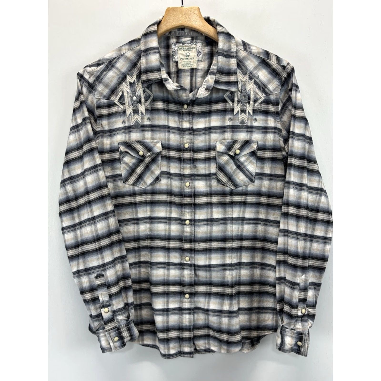 Vintage Panhandle Slim Pearl Snap Shirt Women’s L Grey Plaid Aztec Embroidered Western Size L / US 10 / IT 46 - 2 Thumbnail