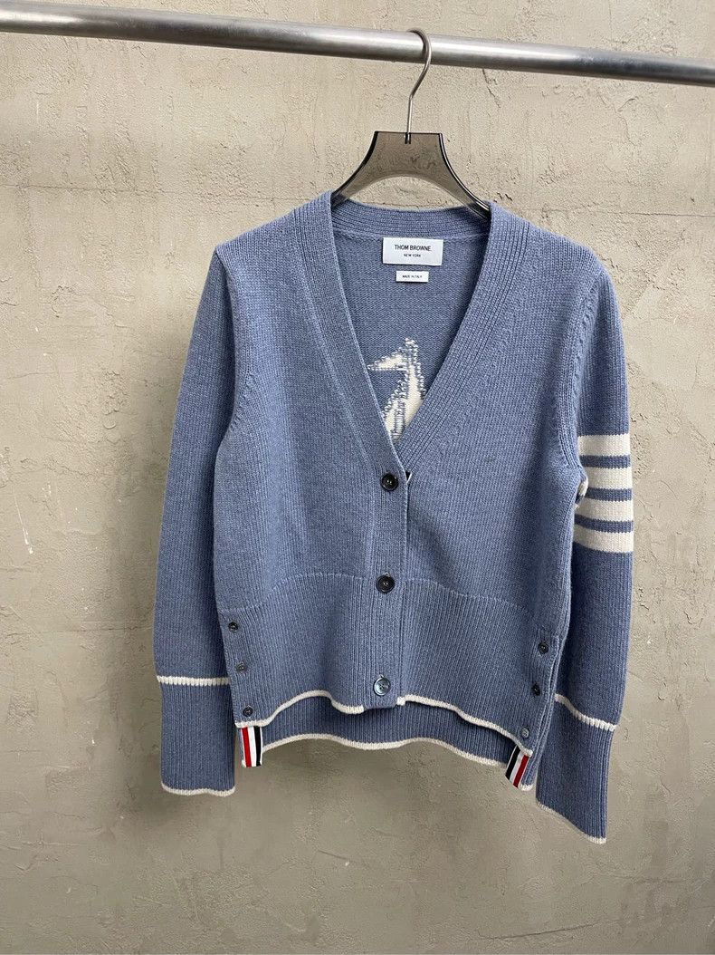 Thom Browne Thom browne Haze blue sailboat four-striped wool cardigan Size XS / US 0-2 / IT 36-38 - 1 Thumbnail