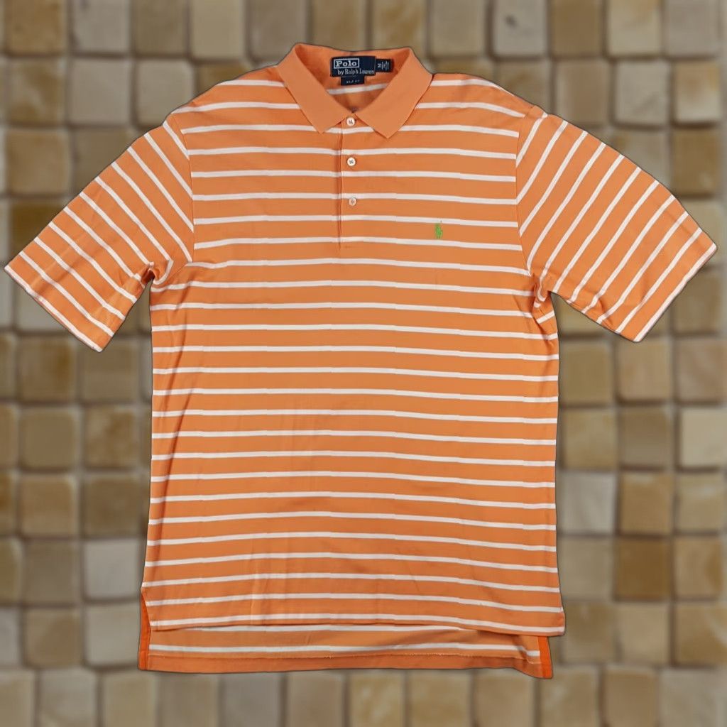 Ralph Lauren VINTAGE Polo Ralph Lauren Polo Shirt Striped Orange 90s Grunge Pony Logo Men's Medium Short Sleeve Cotton Polo Shirt Mens M Orange Polo Size US M / EU 48-50 / 2 - 1 Thumbnail