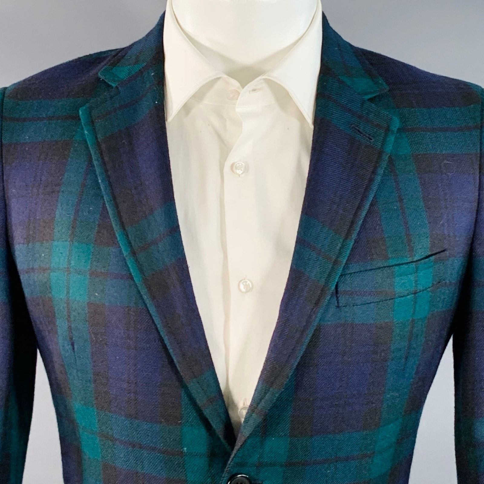 Band Of Outsiders BAND OF OUTSIDERS Green Blue Plaid Wool Twill Lapel Coat Size 40R - 2 Thumbnail