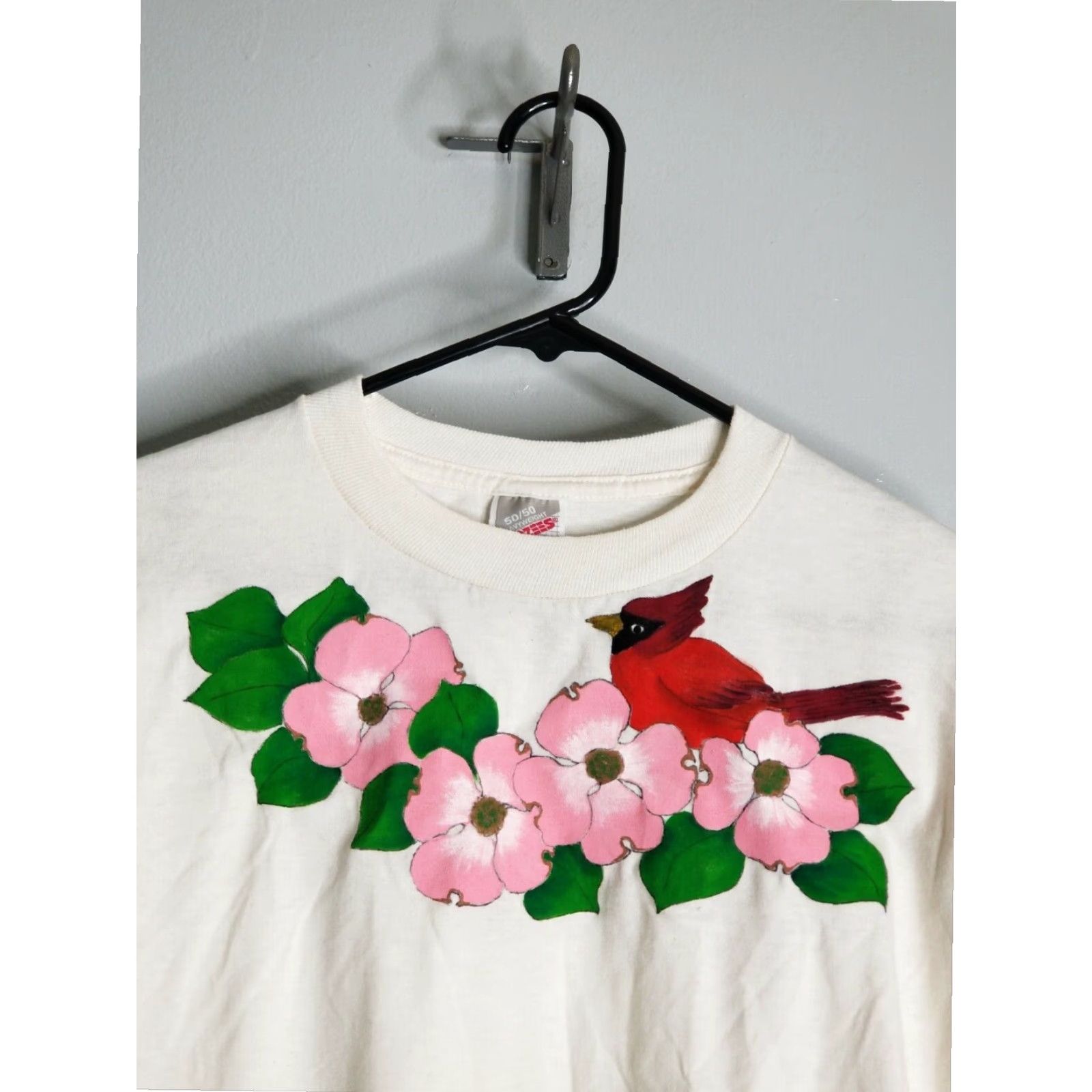Jerzees VINTAGE Jerzees Mens XL Handpainted Floral Rose T Shirt Ivory Size US XL / EU 56 / 4 - 2 Thumbnail
