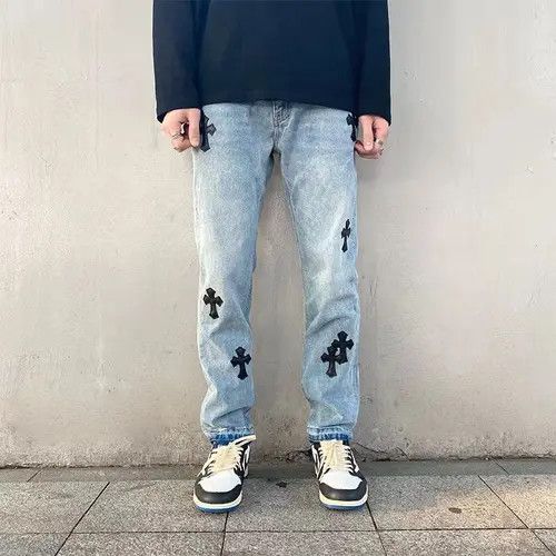 Street hip hop washed cross jeans