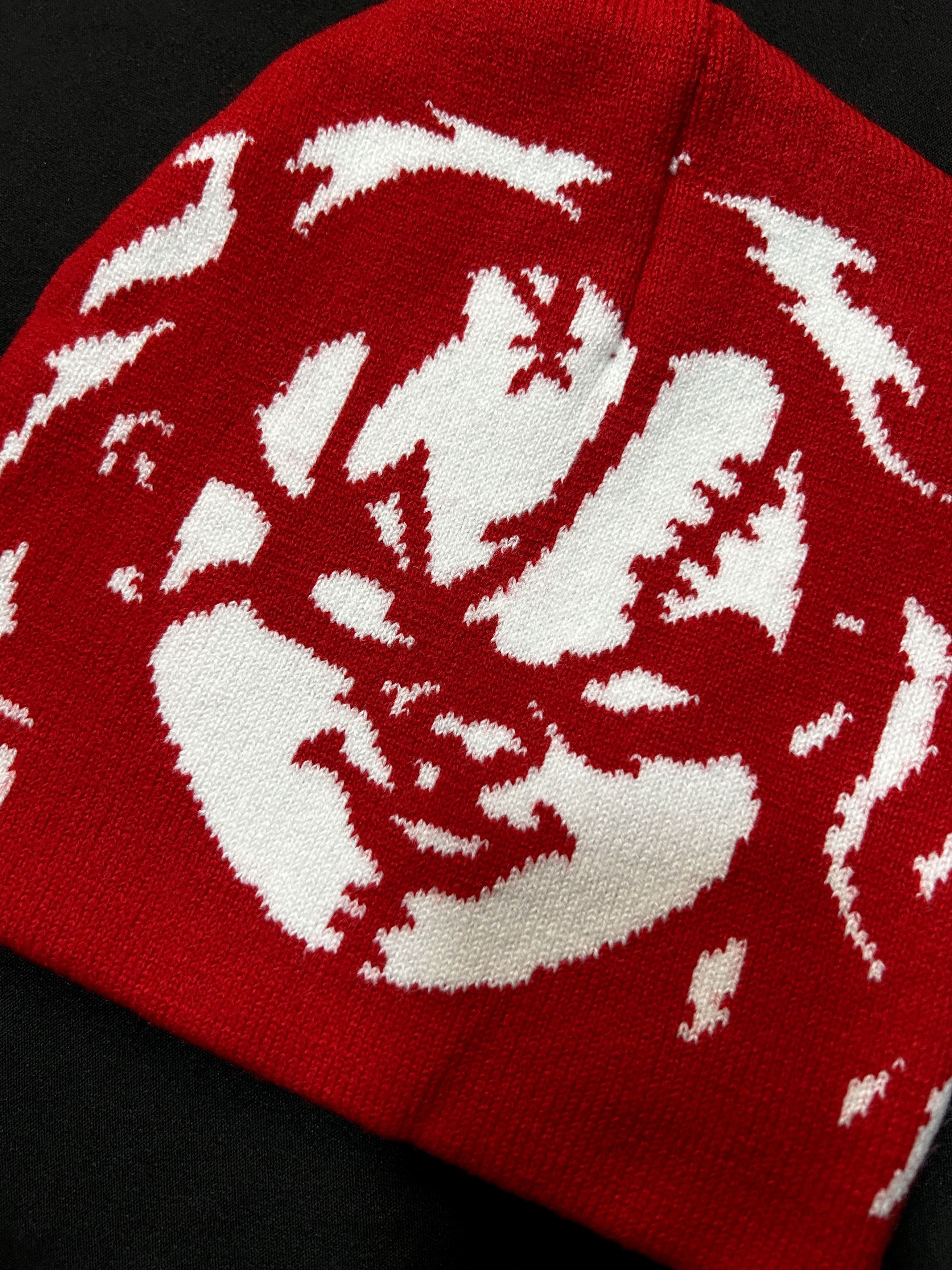 Japanese Brand Rare Chunky Graphic No Cuff Knit Red Beanie Hats OS Size ONE SIZE - 4 Thumbnail
