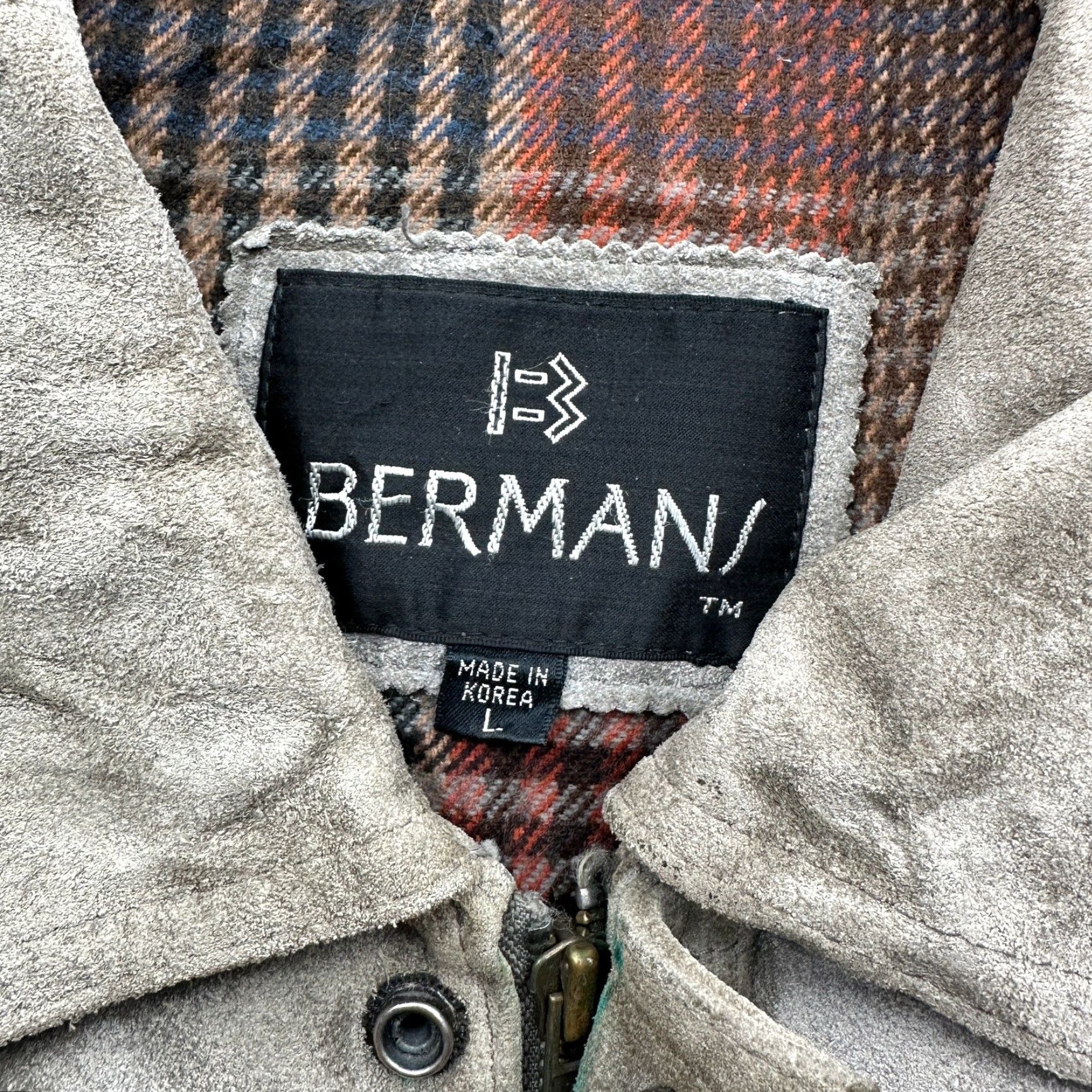 Ben Sherman VINTAGE Bermans Suede Leather Bomber Jacket Mens Large Gray Plaid Lined Size US L / EU 52-54 / 3 - 3 Thumbnail
