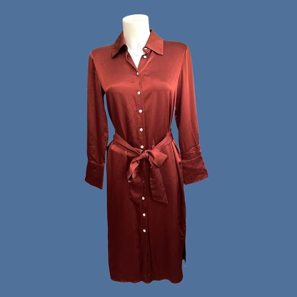Club Monaco Club Monaco Shirt Dress Womens 0 Red Rust 100% Silk Midi Long Sleeve Belted Satin