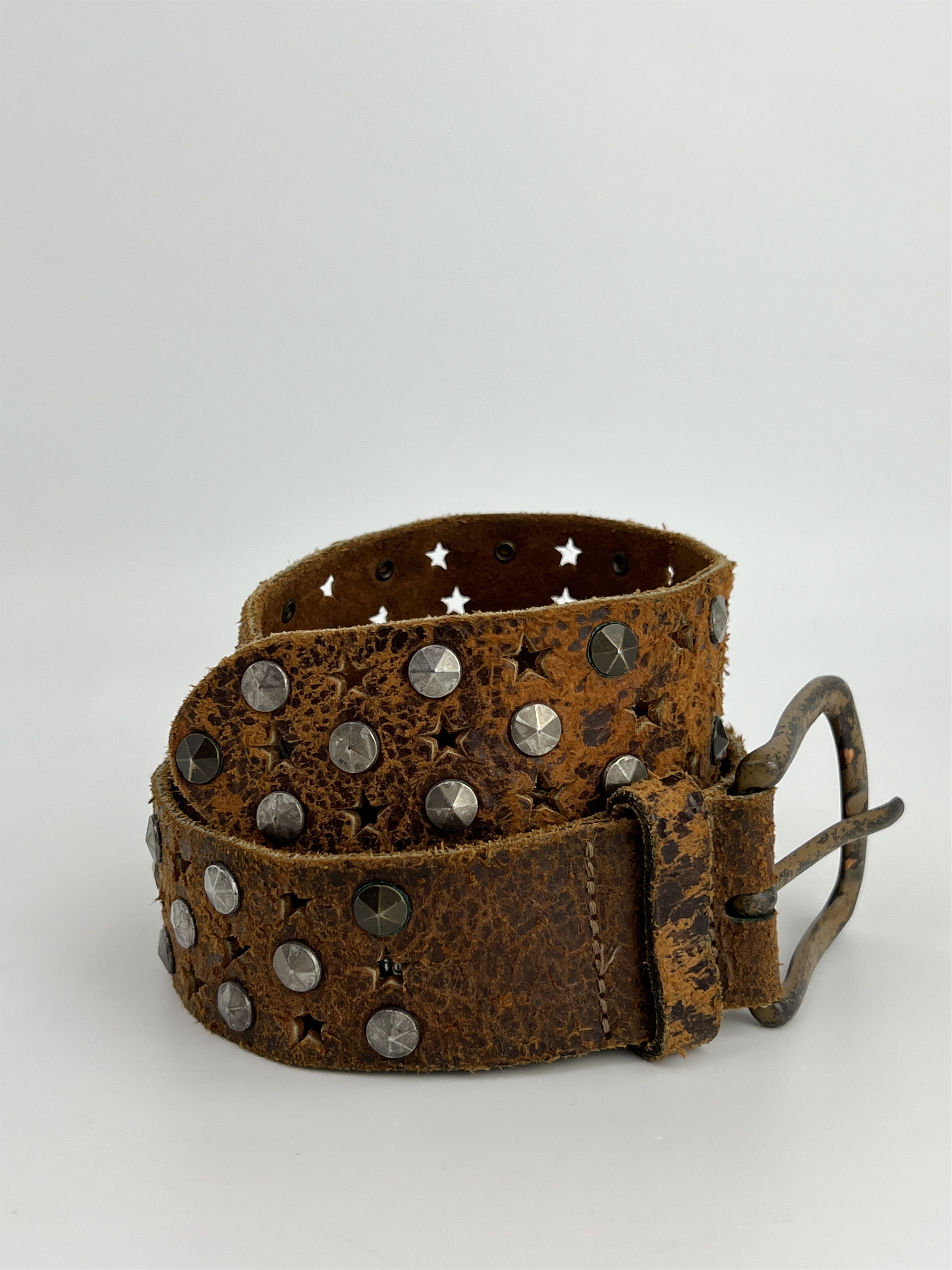 Vintage Y2K Brown Leather Rhinestones Studded Belt Size ONE SIZE - 2 Thumbnail
