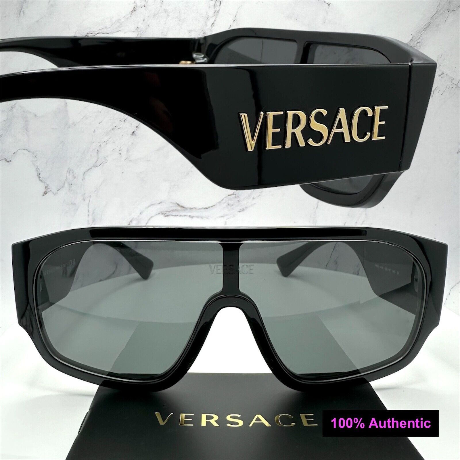 Versace New VERSACE Sunglasses Black Aviator Wrap Shield Runway Gold Size ONE SIZE - 23 Thumbnail