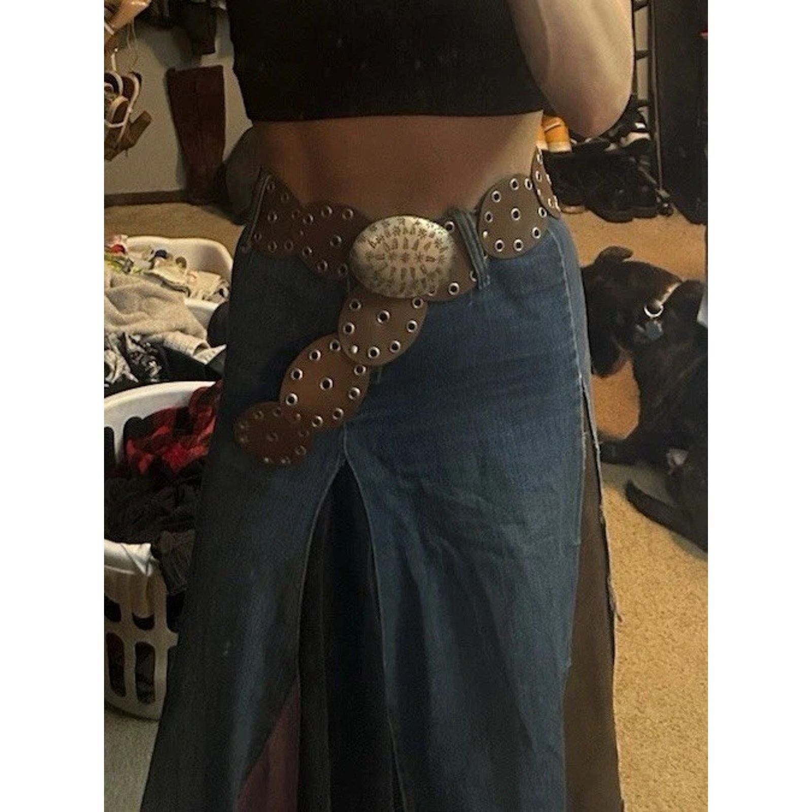 Other Vintage Homemade Denim Leather Velvet Quilted Sewn Skirt Size 26" / US 2 / IT 38 - 3 Thumbnail
