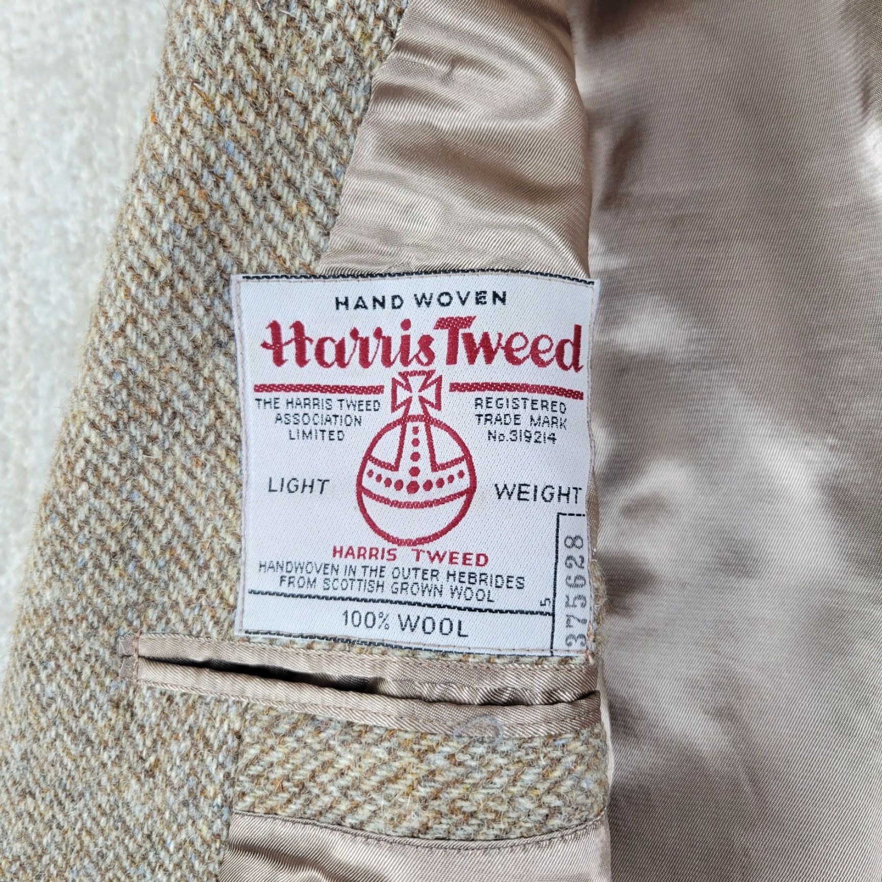 Harris Tweed VTG Harris Tweed Blazer Jacket Mens 38 Beige Herringbone Wool Lined 80s Vintage Classic Wedding Notch Single-Breasted Two-Button Size 38R - 6 Thumbnail