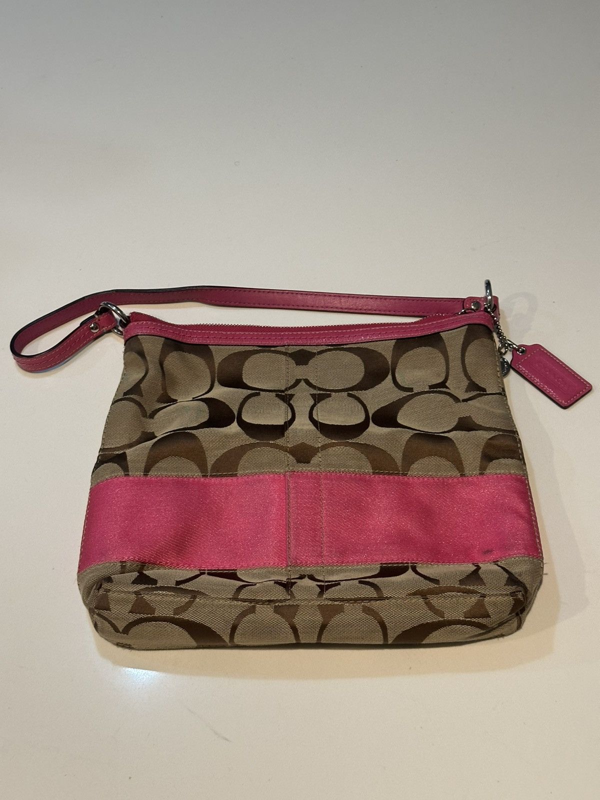 Coach Coach Signature Stripe Shoulder Bag – Brown with Pink Trim Size ONE SIZE - 1 Thumbnail