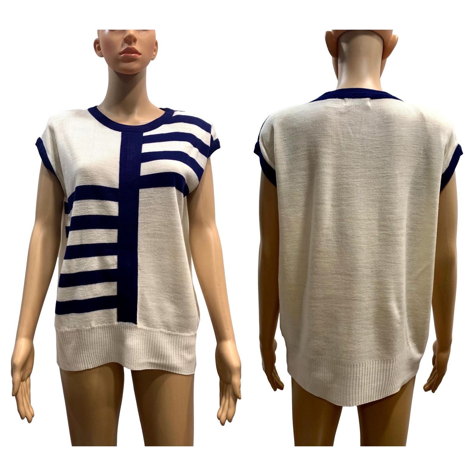Vintage 80s Chic White & Navy Blue Sleeveless Sweater Vest Tunic | S Size S / US 4 / IT 40 - 3 Thumbnail
