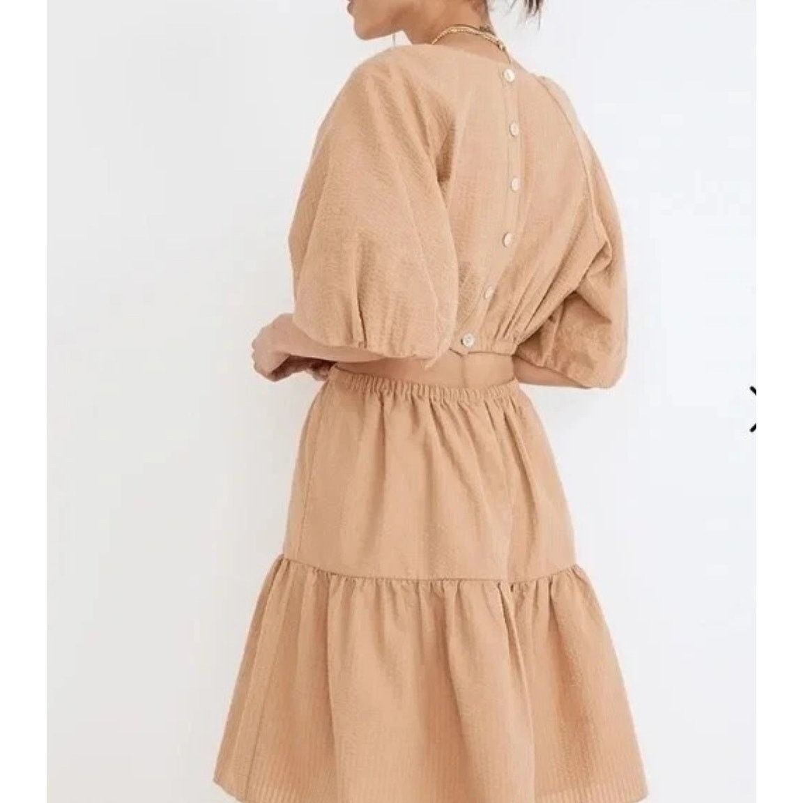 Madewell Seersucker Puff Sleeve Cutout Mini Dress Khaki Cottage Boho Size S / US 4 / IT 40 - 7 Thumbnail