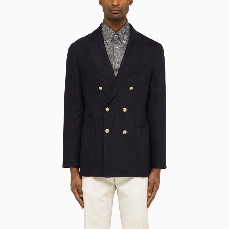 image of Brunello Cucinelli Navy Blue Double-Breasted Jacket In Linen And Wool, Men's (Size Large)