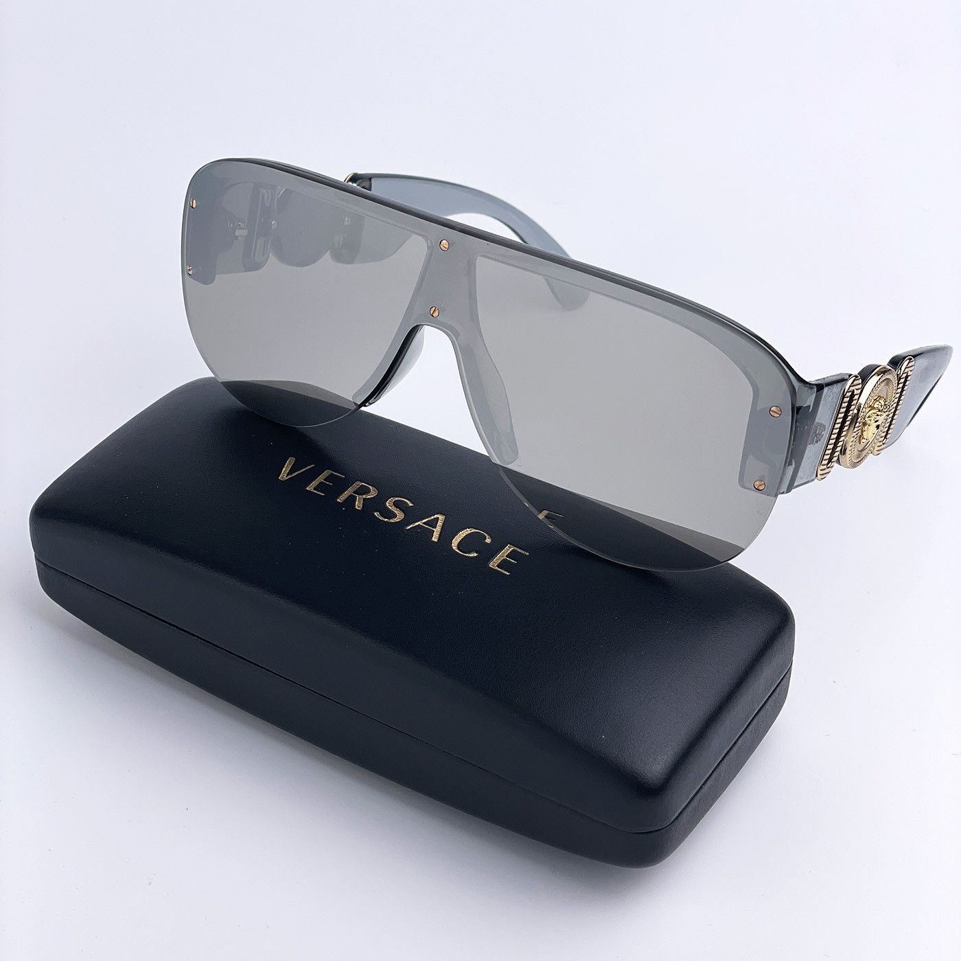 image of New Versace Ve4391 311/6G Shield Men Sunglasses in Clear Gray/Silver Mirrored