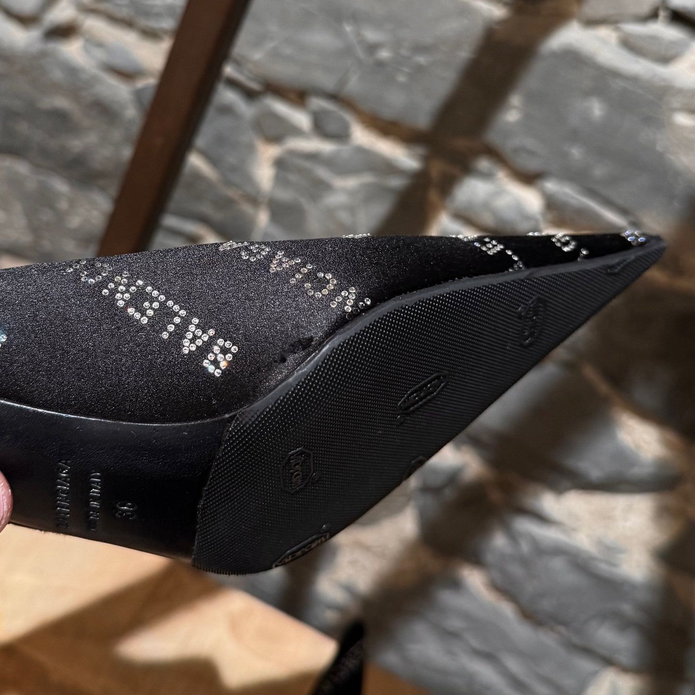 Balenciaga Balenciaga Satin Crystal Logo Slingback Square Knife Pumps Size US 6 / IT 36 - 12 Thumbnail