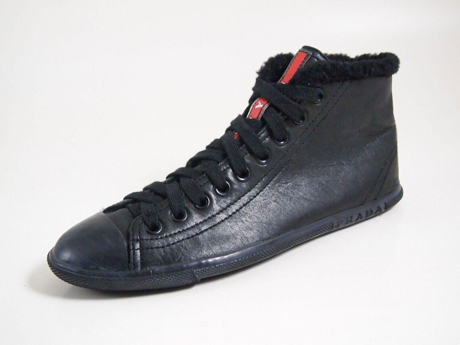 Prada High Top Sneakers Black Leather Fur Trim EU 36 US 6