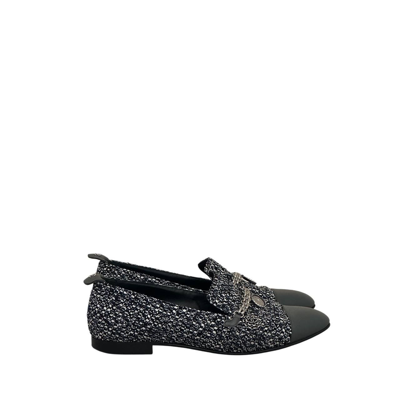 Chanel Tweed Chain Cap-Toe Loafers Sz 37.5