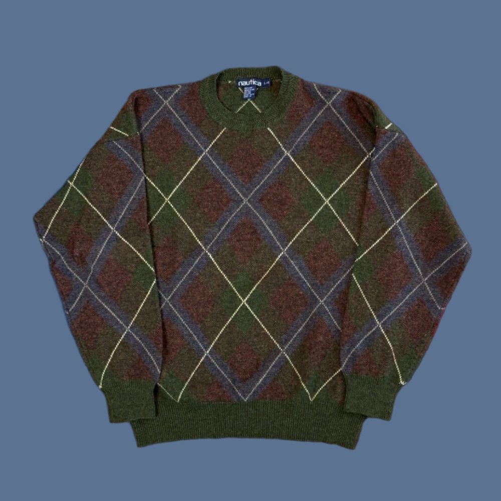 VINTAGE Nautica Argyle Pullover Knit Sweater Men L 100% Wool Multicolor Long Sleeve Fall Spring Winter 90s Mens