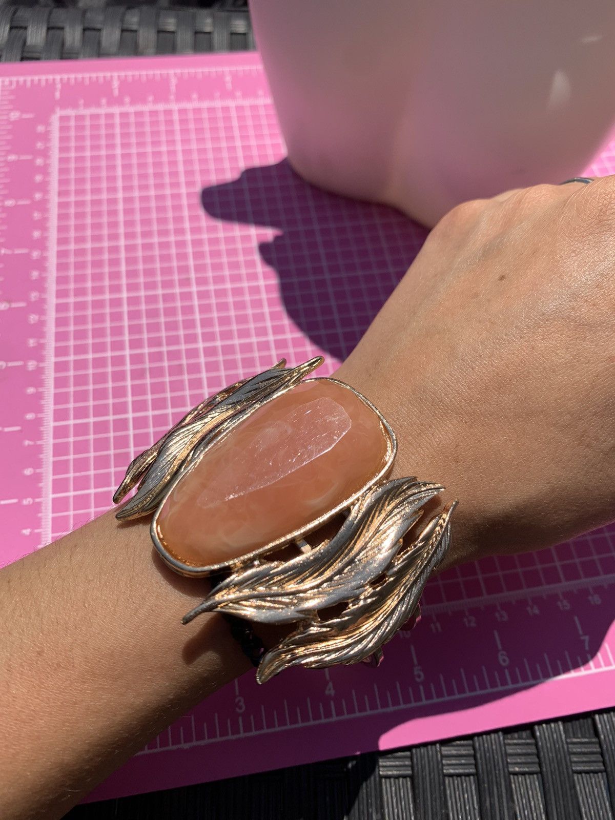 Designer Nadri Gold Leaves Orange Resin Pendant Hinged Wide Cuff Size ONE SIZE - 1 Thumbnail